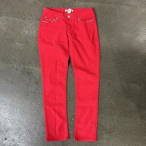 Y2K Klip Jeans Womens 9 Red Mid Rise Skinny Stretch Denim Rhinestone Embellished